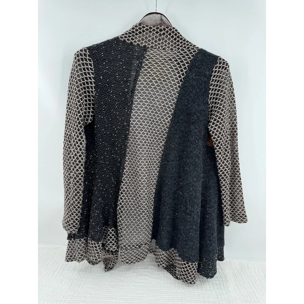 Fleur De Lis Cardigan Black Knit Yarn Patchwork Boho Floral Open Front Size S